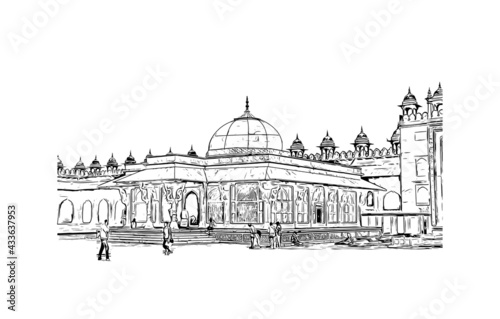 Building view with landmark of Fatehpur is the city in India. Hand drawn sketch illustration in vector.