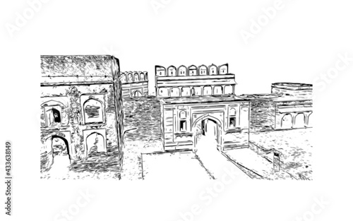 Building view with landmark of Fatehpur is the city in India. Hand drawn sketch illustration in vector.