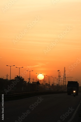 Morning View, Sunrise in the morning, Street light pattern on the bridge