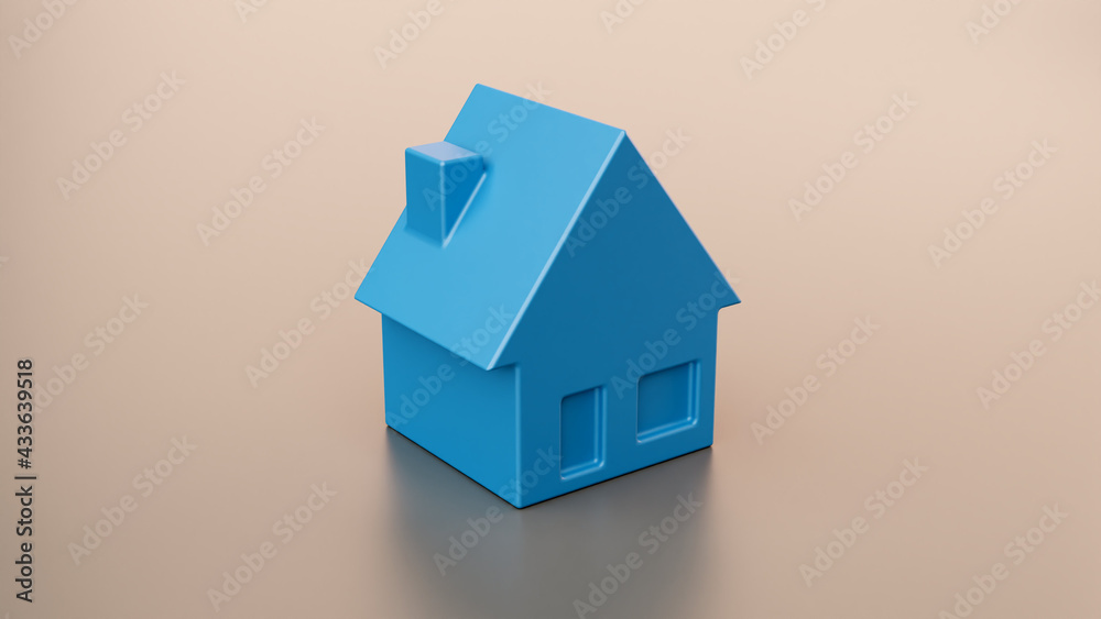 3d blue house shape on a brown background