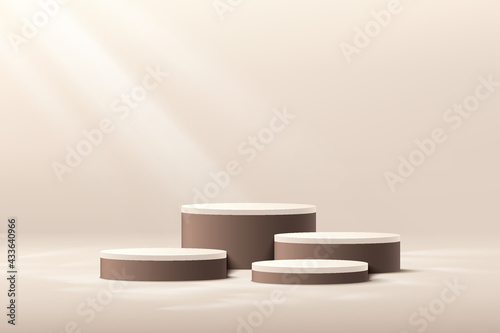Luxury brown and cream color cylinder step pedestal podium set. Light brown scene. Window lighting. Abstract modern vector rendering 3d shape for products display presentation. Minimal studio room.