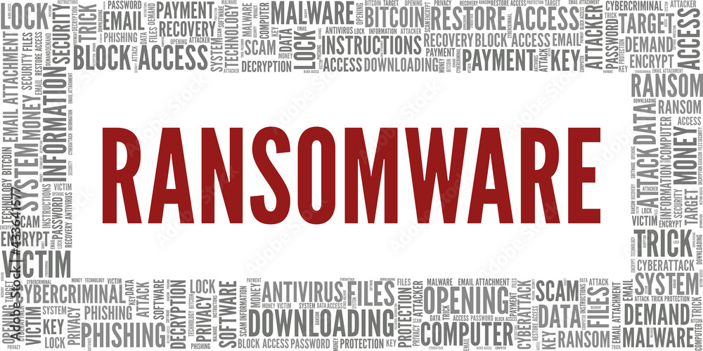 Ransomware vector illustration word cloud isolated on a white background.