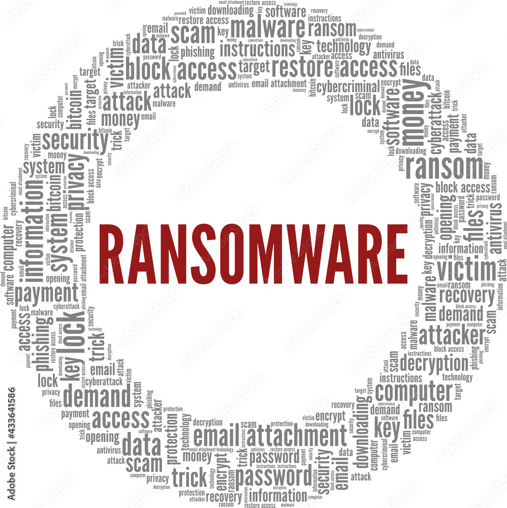 Ransomware vector illustration word cloud isolated on a white background.