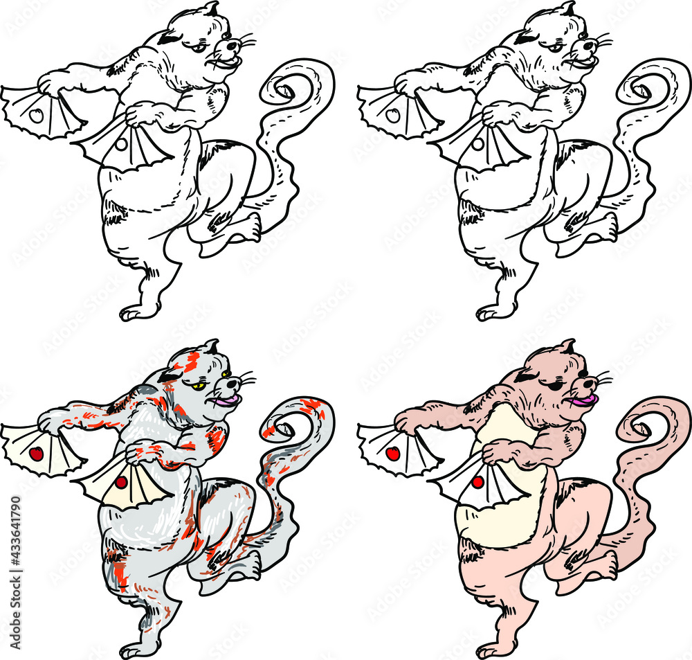 Fototapeta premium traditional Japanese cat with fan.Hand drawn Cat Vector 