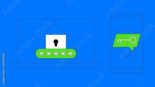 Two steps authentication vector illustration. Duo verification by smartphone concept. Laptop screen with padlock and password. Phone screen with shield and secret key in speech bubble