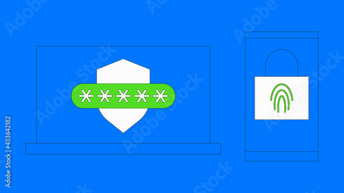 Two steps authentication vector illustration. Multi factor verification by smartphone concept. Laptop screen with shield and password. Phone screen with padlock and biometric fingerprint scanner.