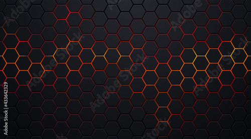 Dark black hexagon pattern on red, orange neon abstract background in technology style. Modern futuristic geometric shape web banner design. You can use for cover template, poster. Vector illustration