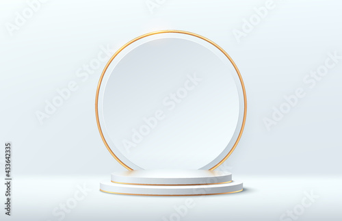 Modern white and gold cylinder pedestal podium. Silver color minimal wall scene with white and shiny golden circle backdrop. Vector rendering 3d shape, Product display presentation. Abstract room. © JE48