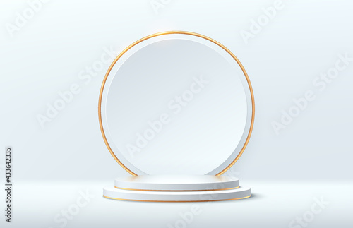 Modern white and gold cylinder pedestal podium. Silver color minimal wall scene with white and shiny golden circle backdrop. Vector rendering 3d shape, Product display presentation. Abstract room.