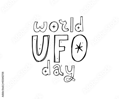 World UFO Day. Flying saucer. Planet and spaceship. Vector. EPS10