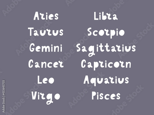 Zodiac lettering Vector Sign. Cartoon astrology text illustration. Horoscope handwritten icon set.