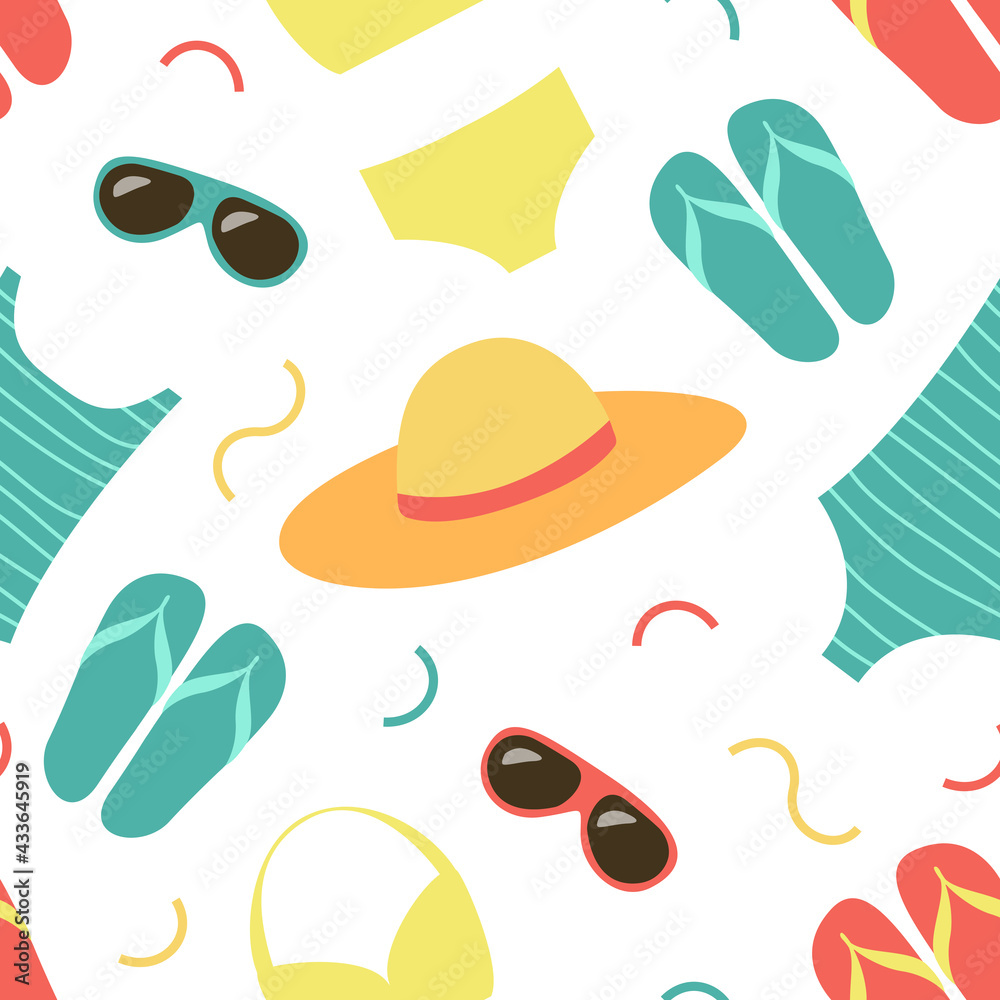 Summer seamless pattern with elements of a beach holiday. Vector background with a bathing suit, slippers, glasses and a hat. Flat hand-drawn style