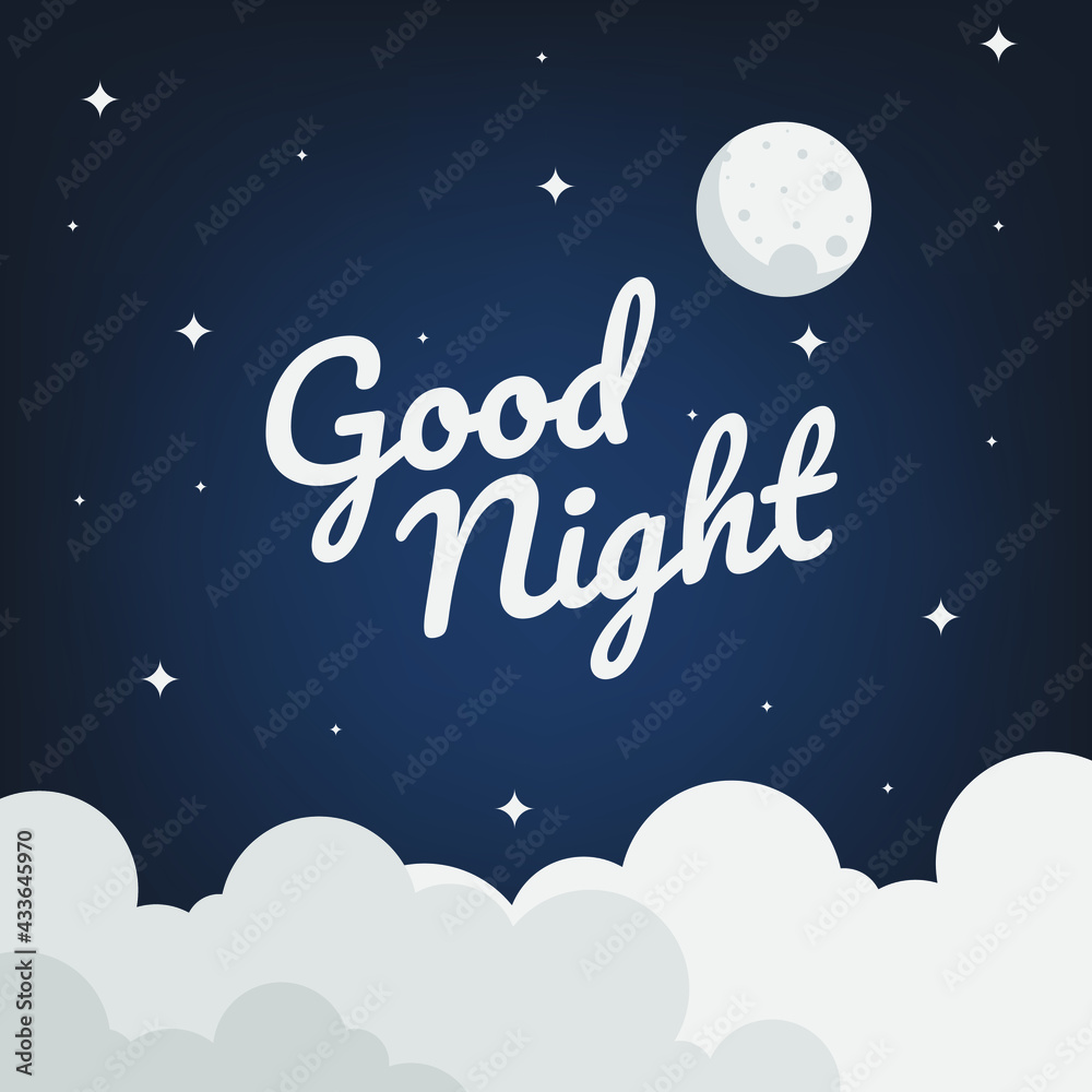 Goodnight lettering edsign with moon and clouds and dark background