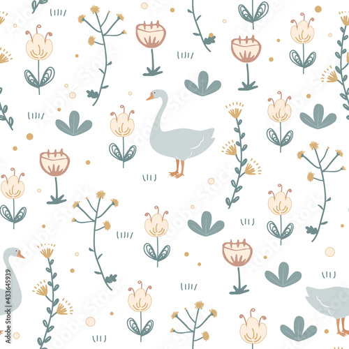 Cute seamless pattern with goose and doodle flowers. Vector illustration