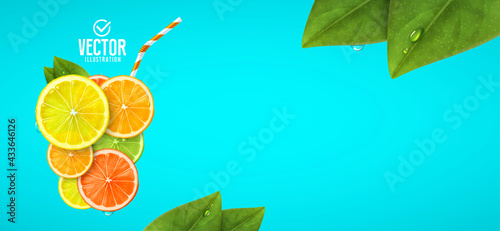 Glass of fresh fruit juice. Lemon, orange, lime and grapefruit. Vector realistic illustration.
