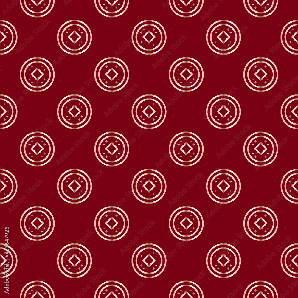 Feng shui coin. Ornament from a gold coin on a red background. Seamless scalable pattern. Feng shui coin. Ornament from a gold coin on a red background. Seamless scalable pattern.