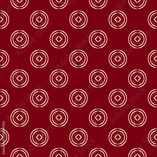 Feng shui coin. Ornament from a gold coin on a red background. Seamless scalable pattern.