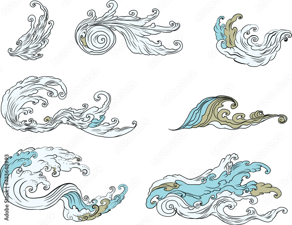 water splash and Japanese wave for tattoo.Japanese wave for tattoo.a set of  hand drawn water tattoo.Thai style Stock Vector | Adobe Stock