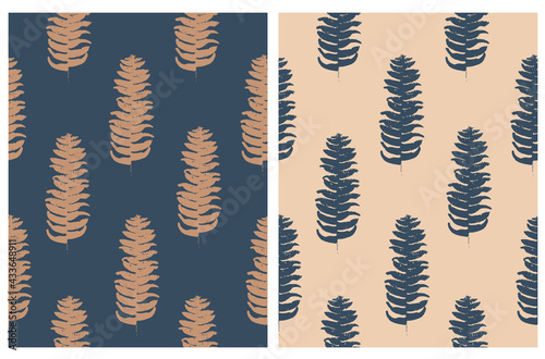 Simple Modern Hand Drawn Seamless Vector Pattern with Abstract Fern Twig on a Dark Blue and Light Brown Background. Floral Print ideal for Fabric  Textile  Wraping Paper. 