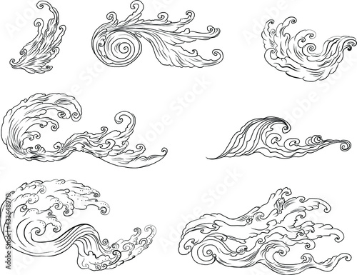 water splash and Japanese wave for tattoo.Japanese wave for tattoo.a set of hand drawn water tattoo.Thai style