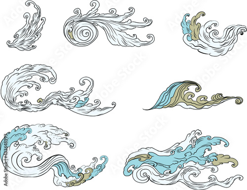 water splash and Japanese wave for tattoo.Japanese wave for tattoo.a set of hand drawn water tattoo.Thai style