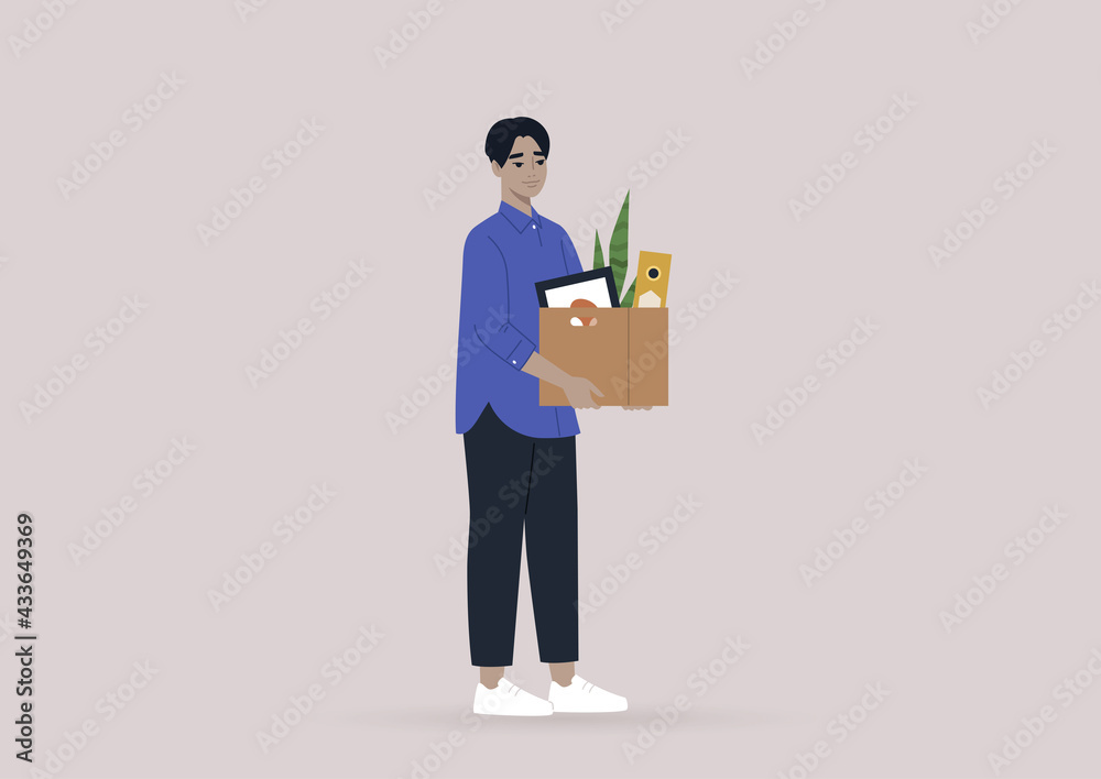 A young male Asian character holding their personal belongings, an unemployment concept A young male Asian character holding their personal belongings, an unemployment concept
