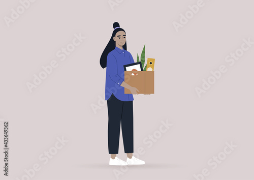 A young female Asian character holding their personal belongings,  unemployment concept