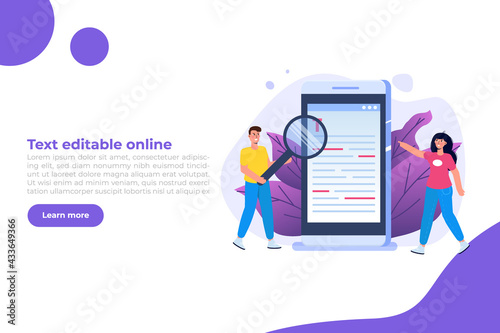 Editable online document. Creative writing and storytelling, copywriting . Online education, distant learning concept. Vector illustration.