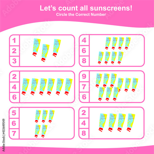 Counting sunscreens game for Preschool Children. This worksheet is suitable for educating the early age children on how to count well.