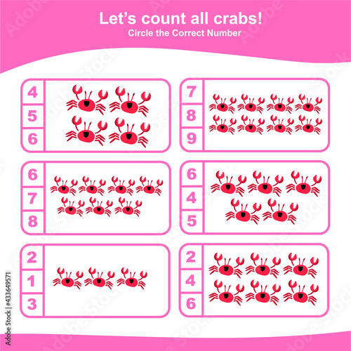 Counting the crabs game for Preschool Children. This worksheet is suitable for educating the early age children on how to count well.