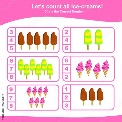 Counting the ice cream game for Preschool Children. This worksheet is suitable for educating the early age children on how to count well.