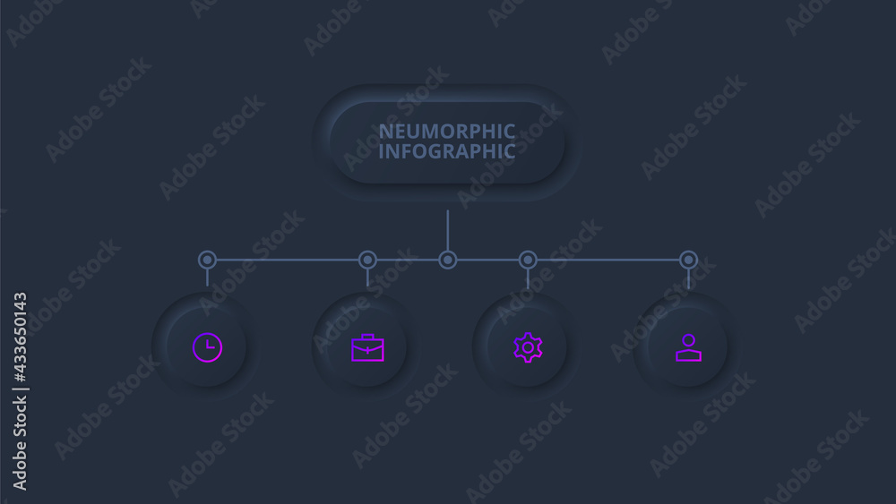 Dark neumorphic flow chart infographic. Template for diagram, graph, presentation and chart. Skeuomorph concept with 4 options, parts, steps or processes