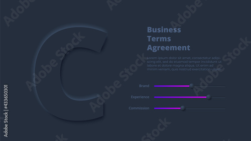 Vector dark neumorphic infographic. Presentation slide template. Business infographics concept with letter C and place for your text