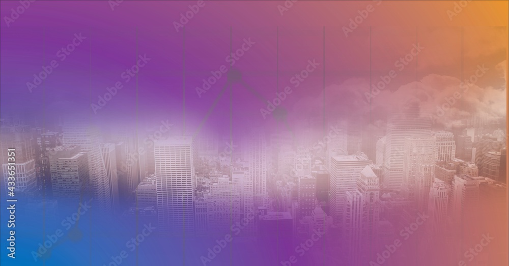 Digital composite image of cityscape against purple and yellow gradient background Digital composite image of cityscape against purple and yellow gradient background