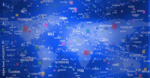 Stock market data processing and business concept texts over world map against blue background