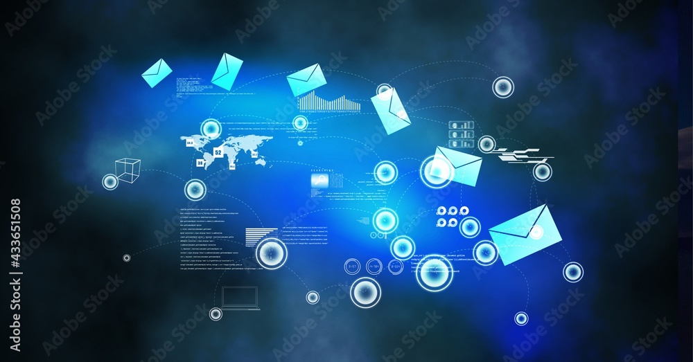 Digital interface with data processing against blue spots of light on black background Digital interface with data processing against blue spots of light on black background