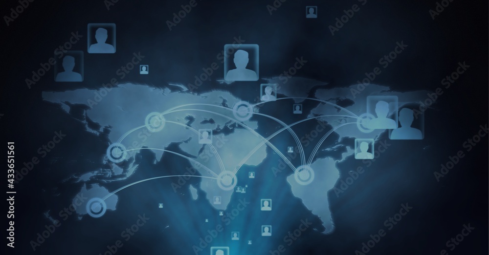 Network of multiple profile icons over world map against blue background Network of multiple profile icons over world map against blue background