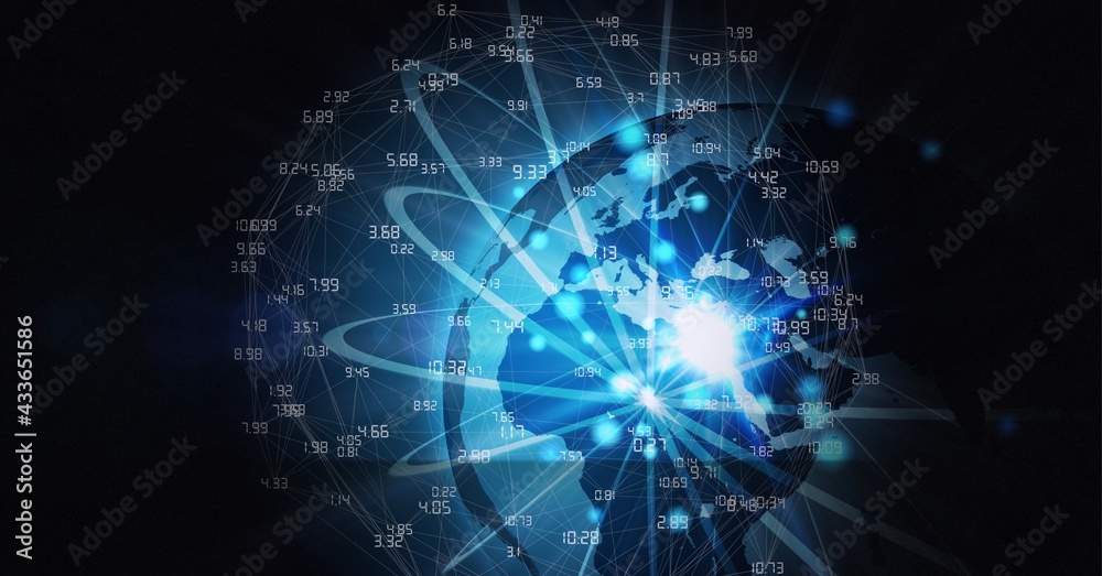Composition of network of connections with numbers over globe on black background Composition of network of connections with numbers over globe on black background