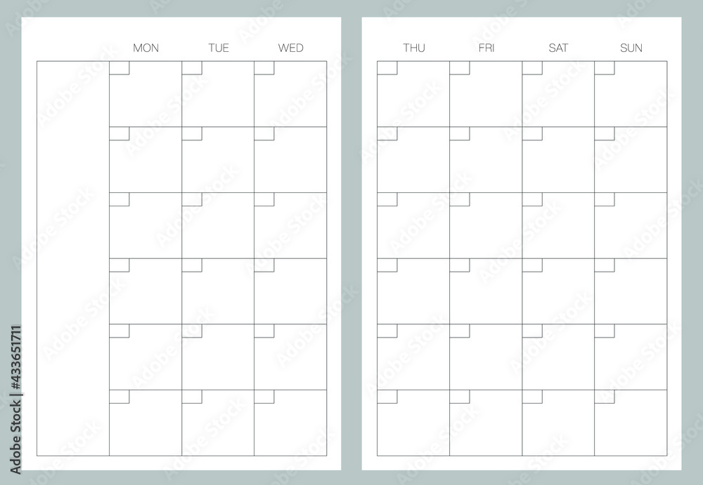 A5 format. Endless Organizer and bullet journal printable pages. Perfect minimalist monthly planner. For every month. Events personal calendar. Notes. Week starts at Monday. Stationery. Vector - obrazy, fototapety, plakaty 