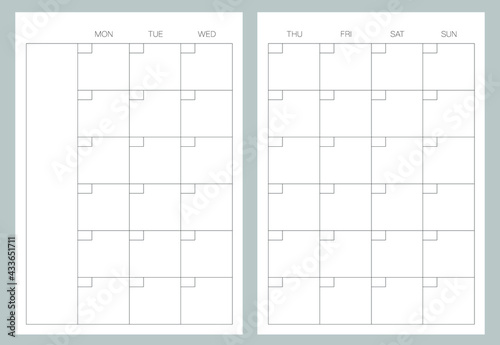 A5 format. Endless Organizer and bullet journal printable pages. Perfect minimalist monthly planner. For every month. Events personal calendar. Notes. Week starts at Monday. Stationery. Vector