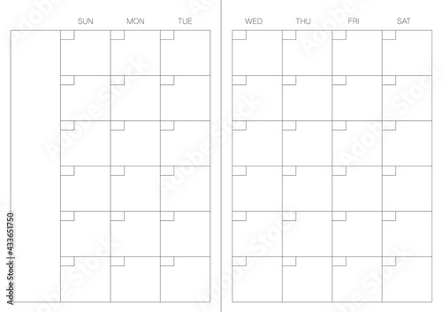 A4 format. Endless Organizer and bullet journal printable pages. Perfect minimalist monthly planner. Undated.For every month. Events personal calendar. Notes. Week starts at Sunday. Stationery. Vector