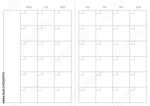 A4 format. Endless Organizer and bullet journal printable pages. Perfect minimalist monthly planner. Undated.For every month. Events personal calendar. Notes. Week starts at Monday. Stationery. Vector