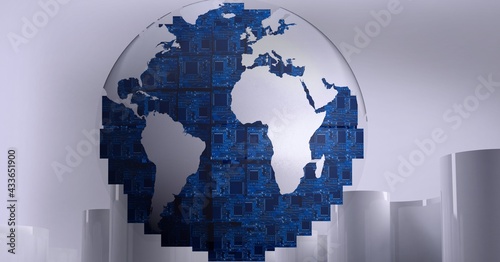 Composition of globe formed with computer circuit boards and white blocks on white background