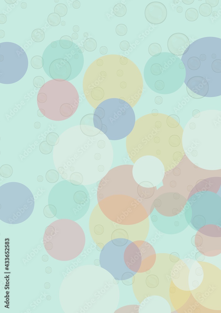 Composition of multiple soap bubbles and multi coloured spots on green background