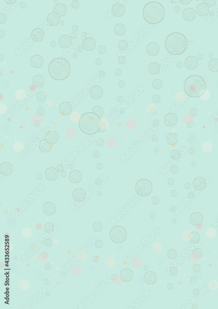 Composition of multiple soap bubbles and spots on green background
