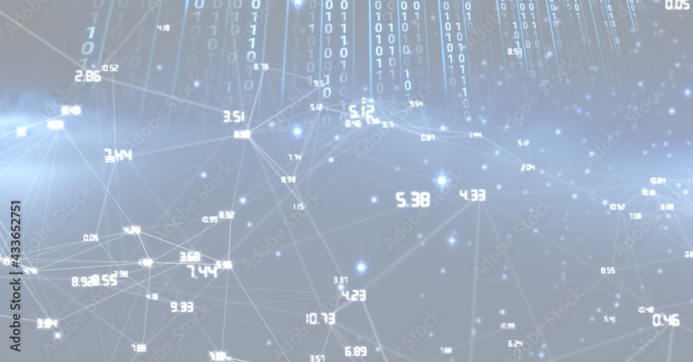 Composition of network of connections over binary coding on blue background