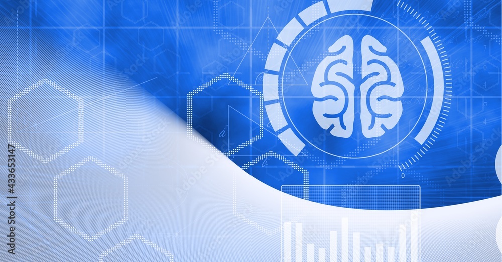 Composition of human brain medical icon with hexagons on blue background