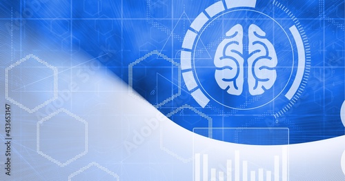 Composition of human brain medical icon with hexagons on blue background