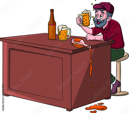 Cartoon vector illustration of an alcoholic man with drinks