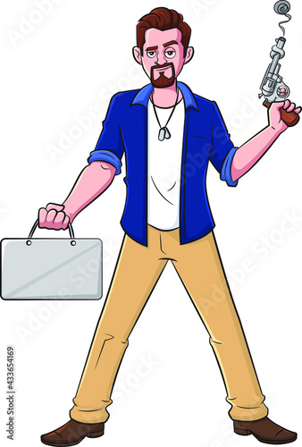 Cartoon vector illustration of a gangster posing and holding a briefcase and gun